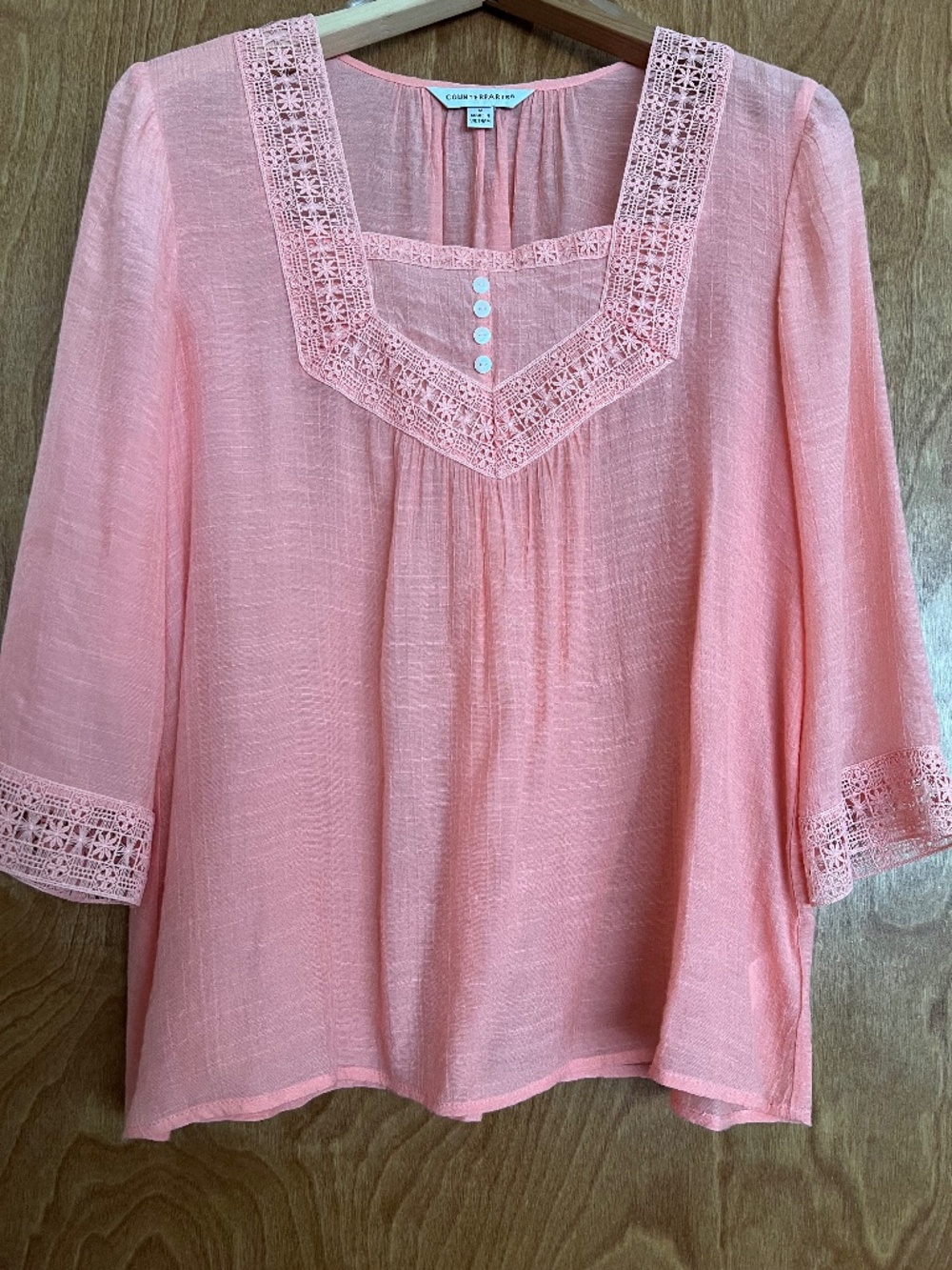 COUNTERPARTS Top, 3/4 Sleeve, Lace Trim, Peach, Sz M